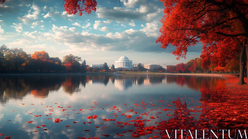 Gentle autumn reflections framing a peaceful domed landmark.