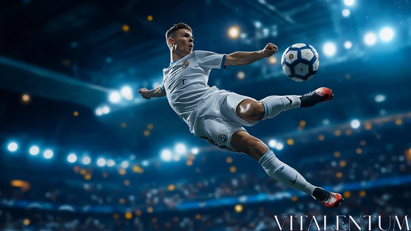 Stadium floodlights freeze a soaring striker mid-volley kick