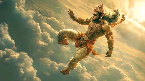 Skybound monkey warrior streaking through molten dawn clouds.