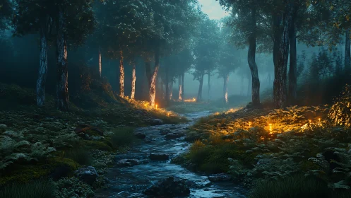 Luminescent Forest Stream: Ancient Woodland Ravine with Volumetric Atmospheric Rendering