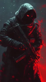 Hooded cyber assassin with glowing eyes in red storm.