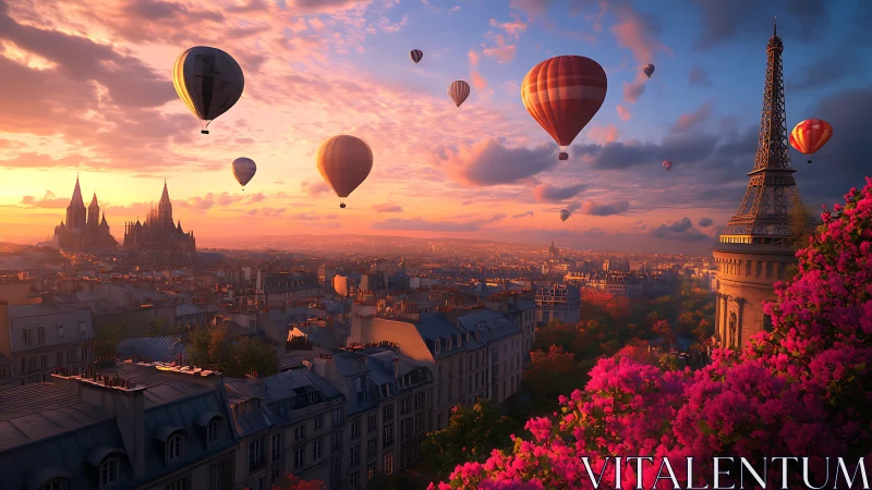 Hot air dreams drift over sunset Paris in luminous bloom