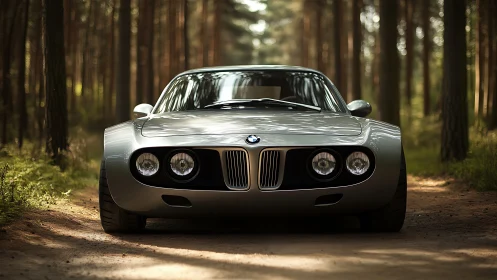 Silver forest prowler: retro BMW gliding through pines.