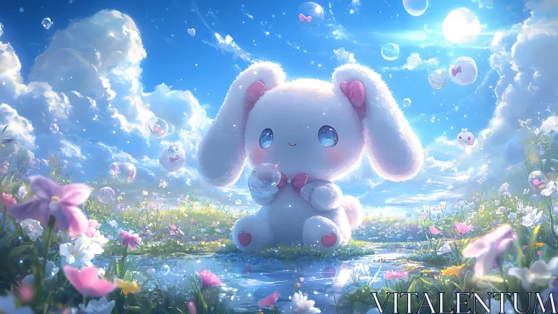 Luminous plush bunny in bubble-suffused floral skyscape panorama.