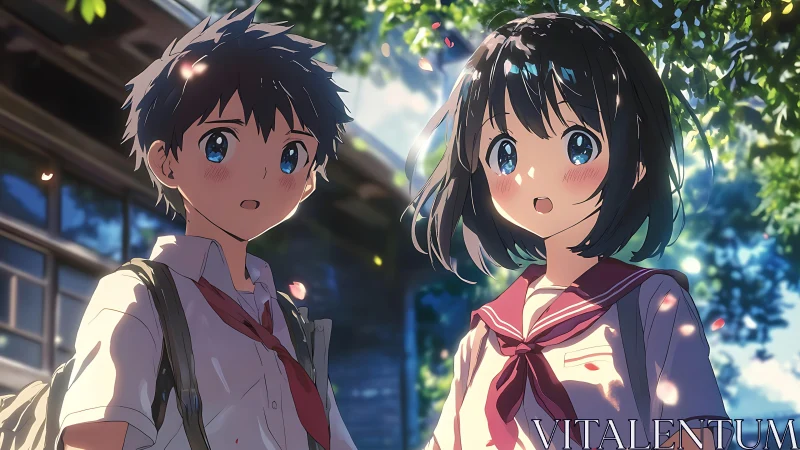 Sunlit schoolyard moment with two shy anime friends.