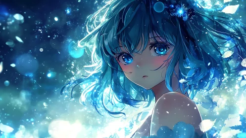 Blue haired anime girl glows amid swirling light fragments