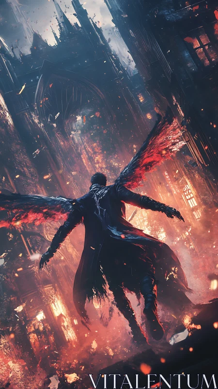 Winged dark figure rising over burning ruined city.