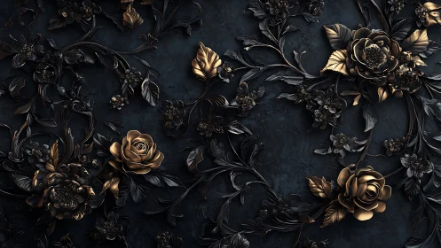 Sculptural floral relief with gold-leaf roses against dark metallic surface.