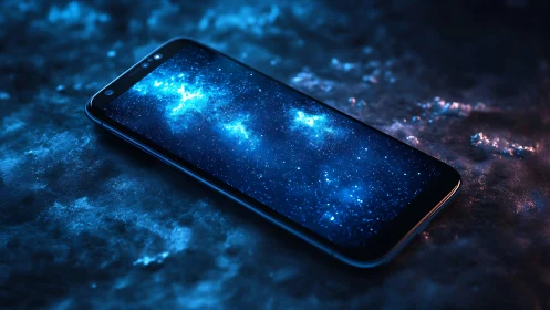 Smartphone on dark surface with glowing galaxy screen.