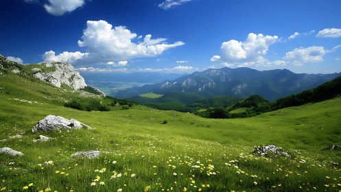 Mountain meadow slopes roll toward distant blue ridges