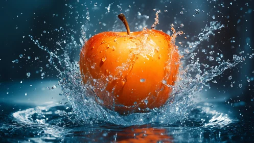 Golden apple splash captured in dramatic motion freeze.