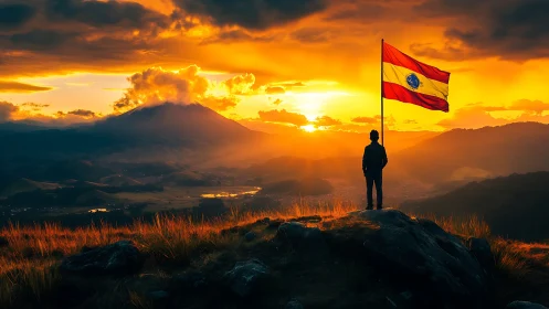 Sunset summit moment with bright flag and glowing valley.