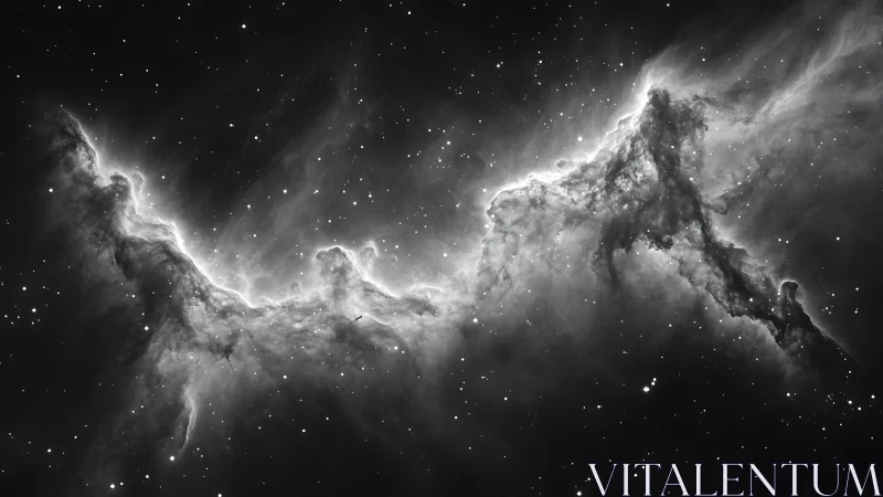 Monochrome deep space nebula forms bright, jagged cloud wall
