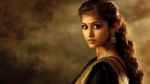 Graceful woman in traditional saree glows in warm light