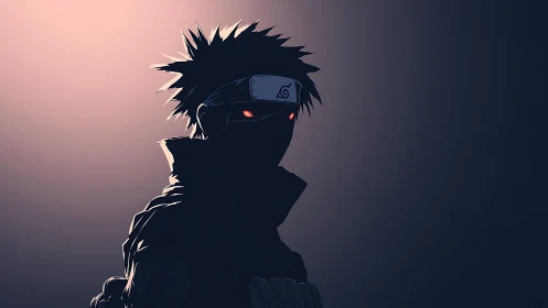 Shadowed ninja sentinel with glowing ember eyes at dusk.