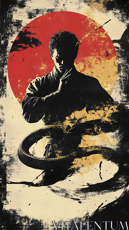 Martial artist silhouette with coiled serpent and sun.