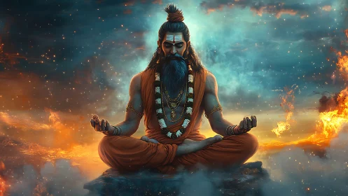 Ascetic yogi levitates in cross‑legged pose amid fiery nebula