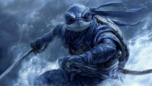 Armored turtle warrior with sword in stormy ocean scene.