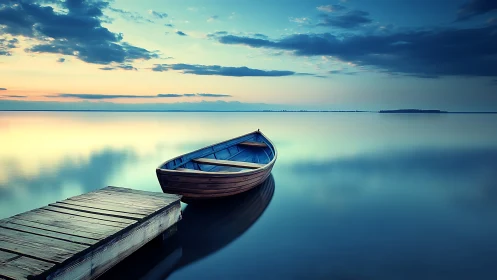 Solitude Rowboat Adrift in Glassy Blue Evening Calm.