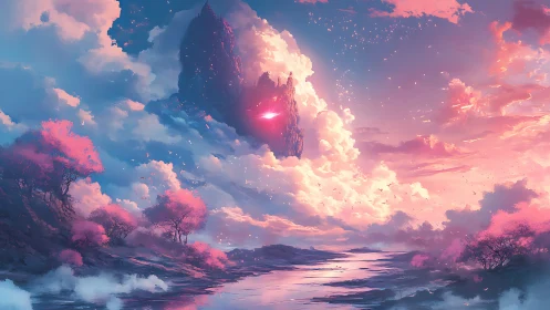 Floating dusk citadel glowing within cotton-candy clouds.