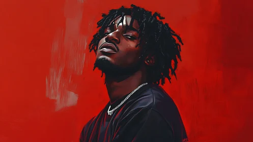 Chromatic portrait study of defiant figure on red field.