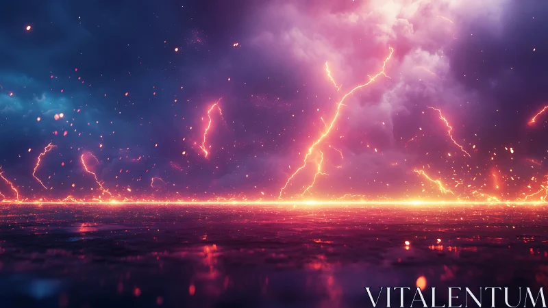 Electric storm arcs across reflective horizon at dusk