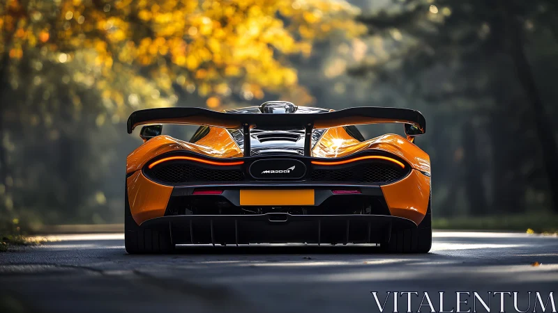 Rear aero study of orange hypercar on sunlit forest road.