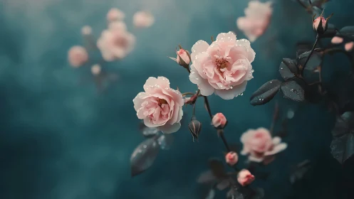 Delicate Pink Roses With Dewdrops Against Teal Backdrop.