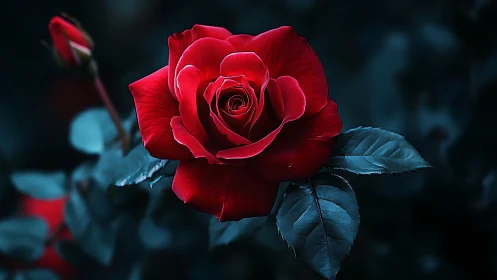 Red Rose with Blue Foliage in Dark Setting.