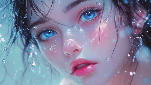 Blue eyed girl underwater in soft digital close up.