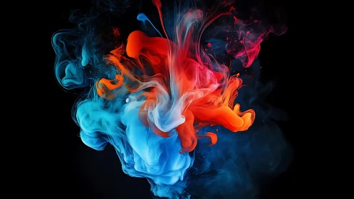 Swirling dance of red and blue ink clouds in darkness.