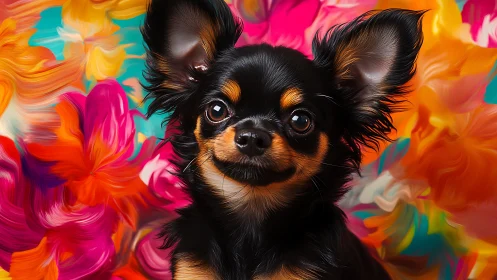Long haired black chihuahua portrait against vivid abstract
