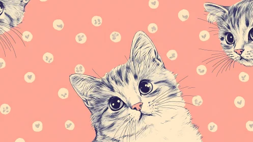 Whimsical Cat Portrait with Playful Floral Elements. Soft Peachy Palette.