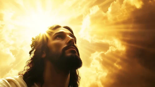 Golden light pours over a hopeful face turned to the sky