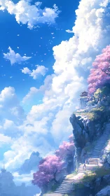 Vertical landscape shows stairway, cliff temple and cloud mass