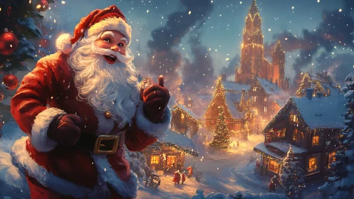 Santa Claus in snowy village with glowing Christmas lights.