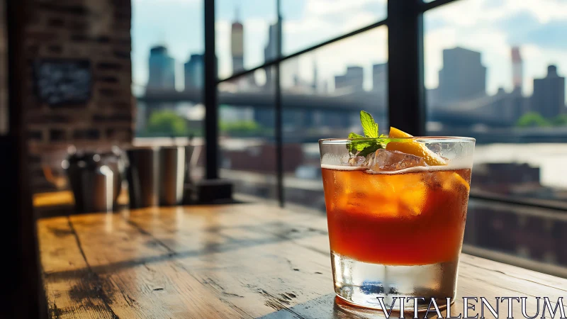 Amber cocktail with mint garnish overlooking metropolitan skyline