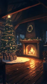 Firelit cabin Christmas glow with tree, wreath and gifts.