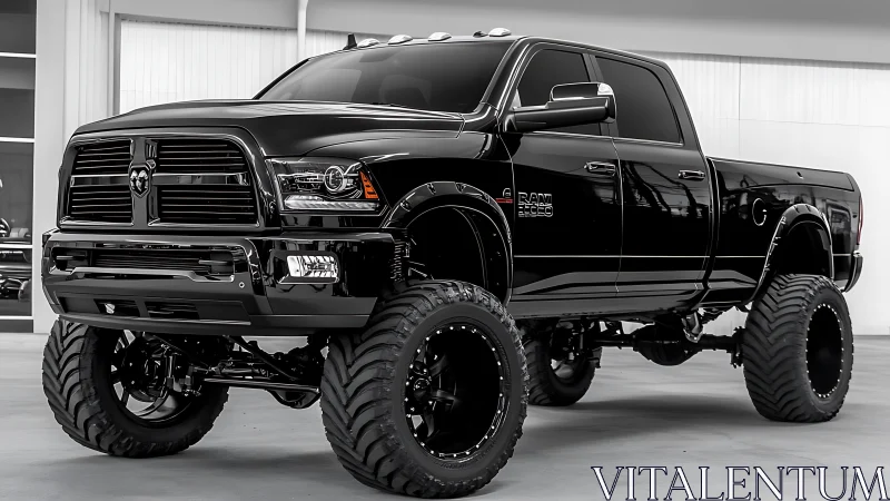 Lifted black Ram pickup truck in indoor studio environment.
