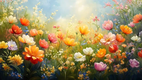 Radiant Wildflower Meadow Blooming in Golden Sunlight.