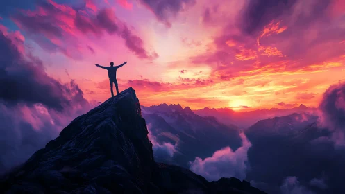 Solitary figure on rocky peak under vivid sunset sky.