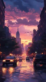 Rain-soaked city avenue shows traffic under layered sunset clouds