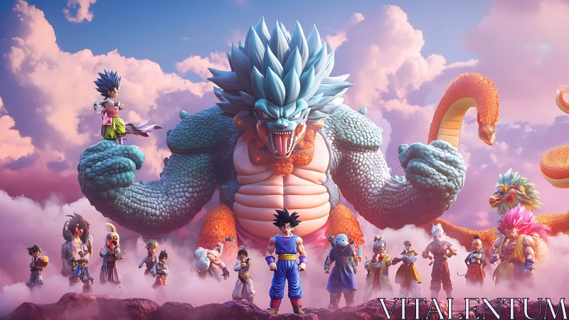 Colossal dragon warrior standoff in vivid fantasy skyscape.