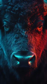 Neon bison stares through electric dusk and ember dawn.