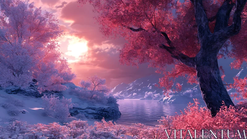 Pink twilight forest surrounds tranquil mountain lake.