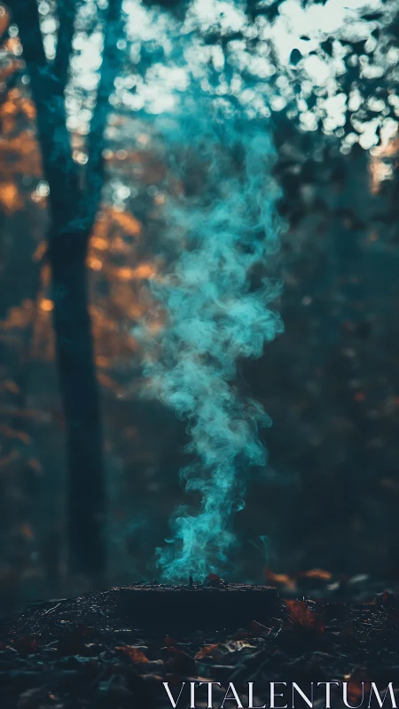 Ethereal teal smoke spiraling from forest floor embers.