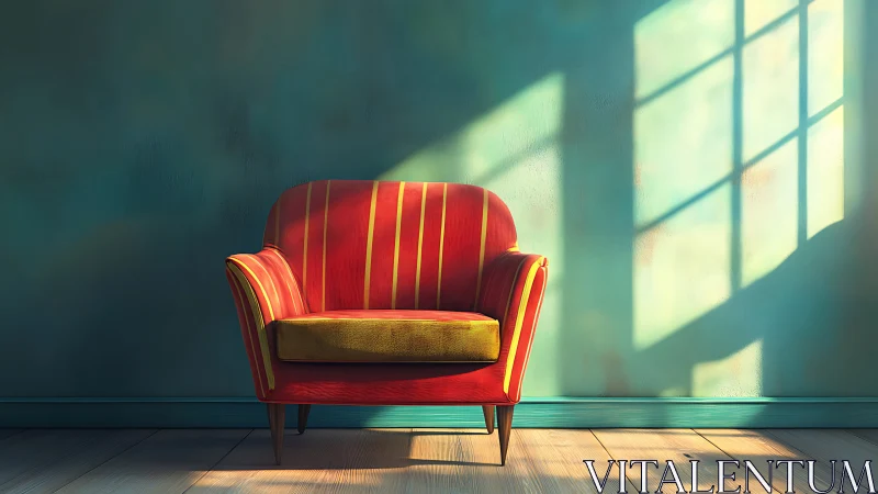 Sunlit retro armchair basking in teal and golden quiet.