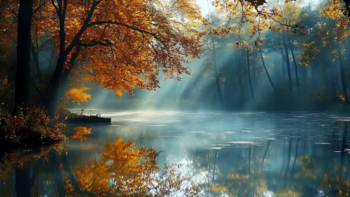 Golden autumn trees welcome soft mist over a still lake