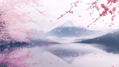 Cherry blossom whispers cradle a mirrored mountain dawn