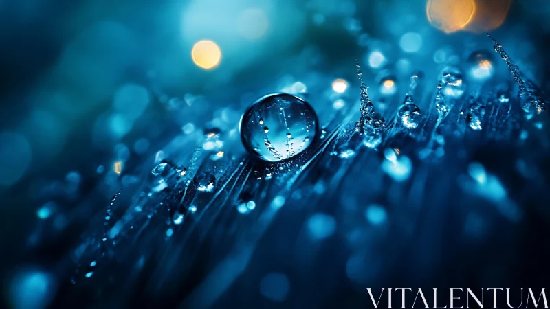 Glistening blue droplet cradled in a quiet night glow.